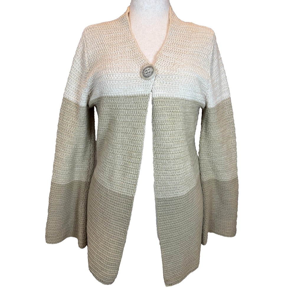Leo & Nicole Waffle Knit Color Block Longline Cardigan Flare Sleeve Taupe Small